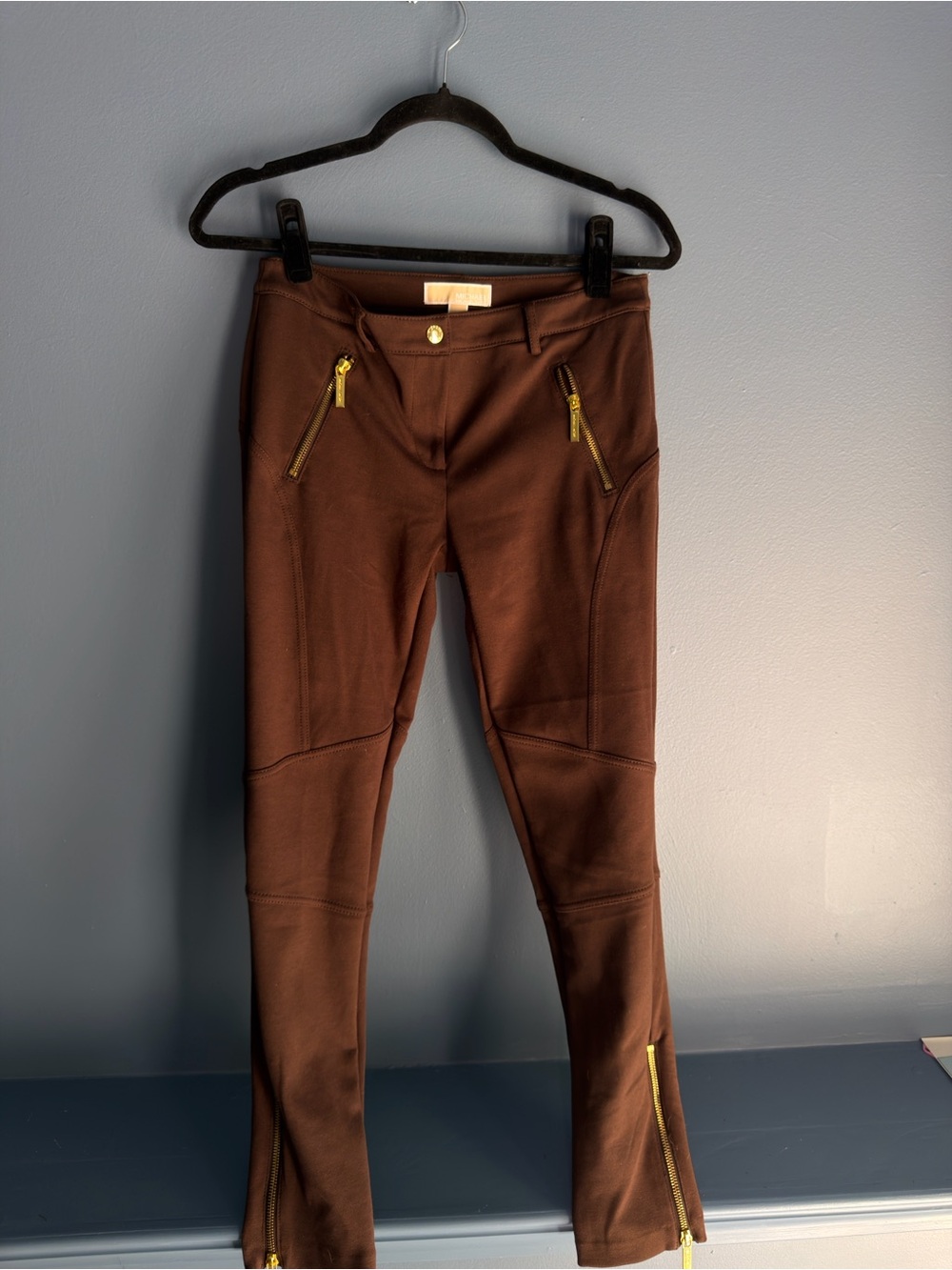 Michael Kors Chocolate Brown Ponte Pants with Gold Button - Picture 1 of 3